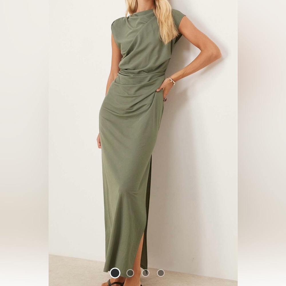 NWT ASOS DESIGN linen look twist shoulder drape midi dress in khaki